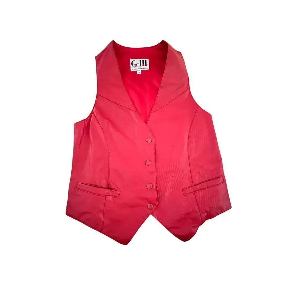 Vintage G III Leather Fashions Men's Red Leather Button Up Vest Size Small
